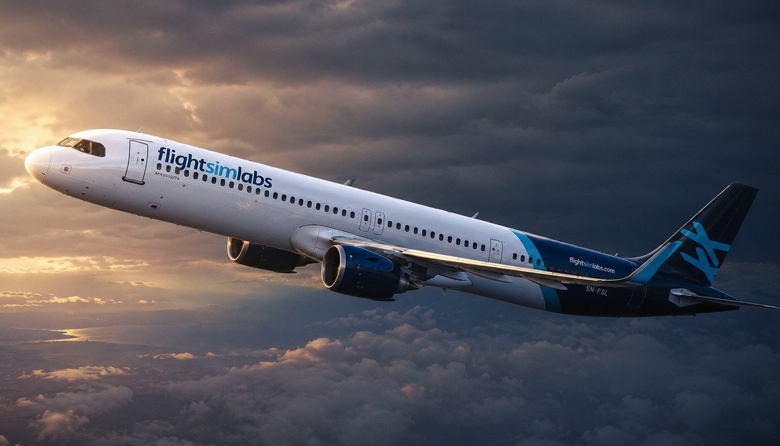 FSLabs A321 in flight at dusk